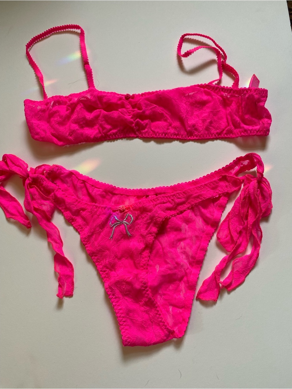 SKIMS Embroidered Tulle Tie Bralette Thong Set Punch M
